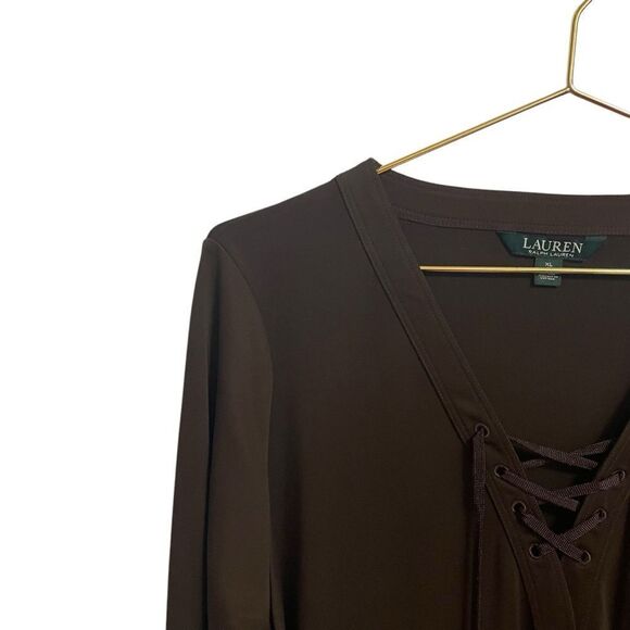 Lauren Ralph Lauren Brown Lace Up Long Sleeve V Neck Top Size XL - Picture 4 of 7